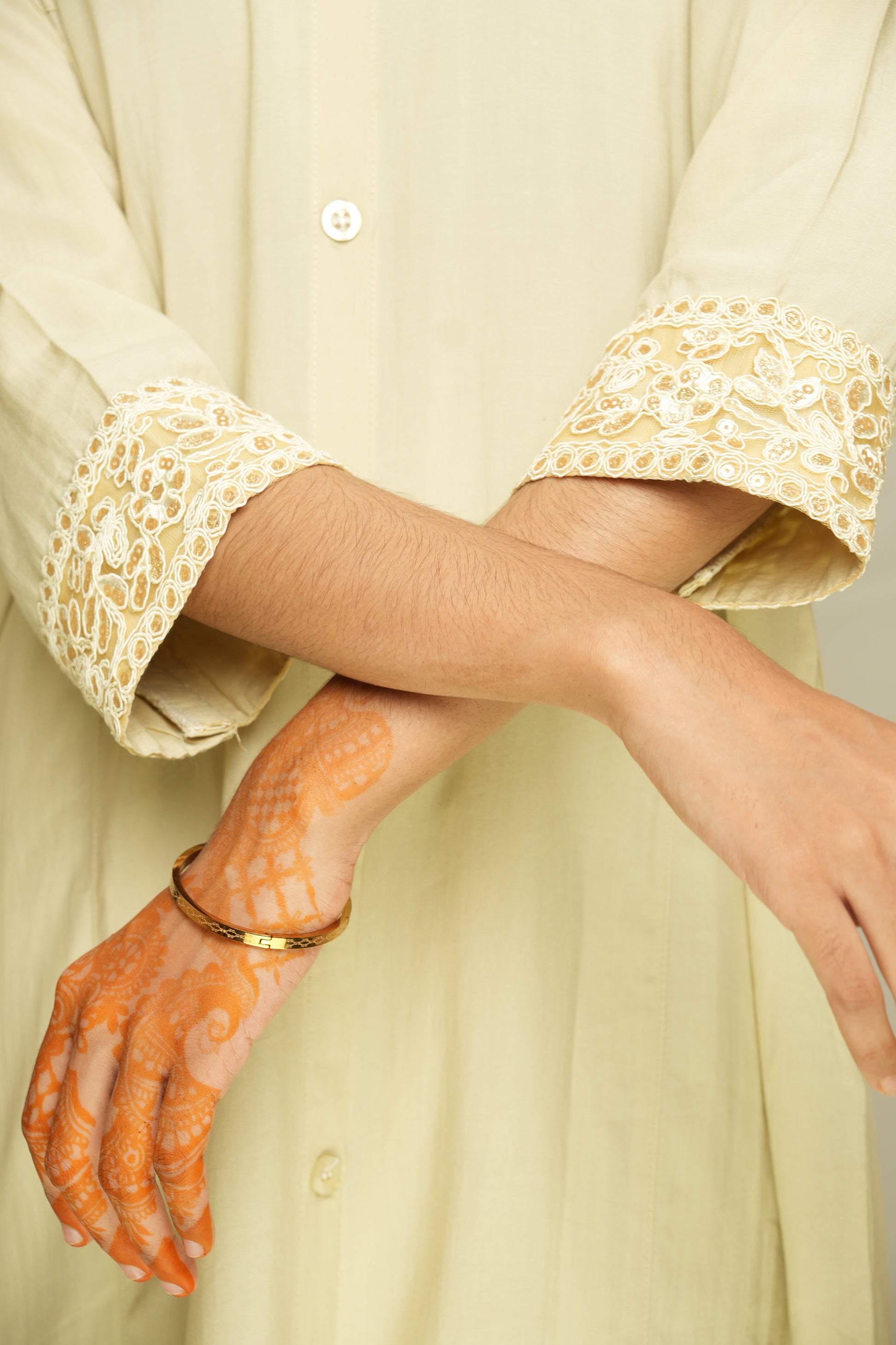 Soft Cream Premium Two Piece – Buttoned Kurti with Lace Pants