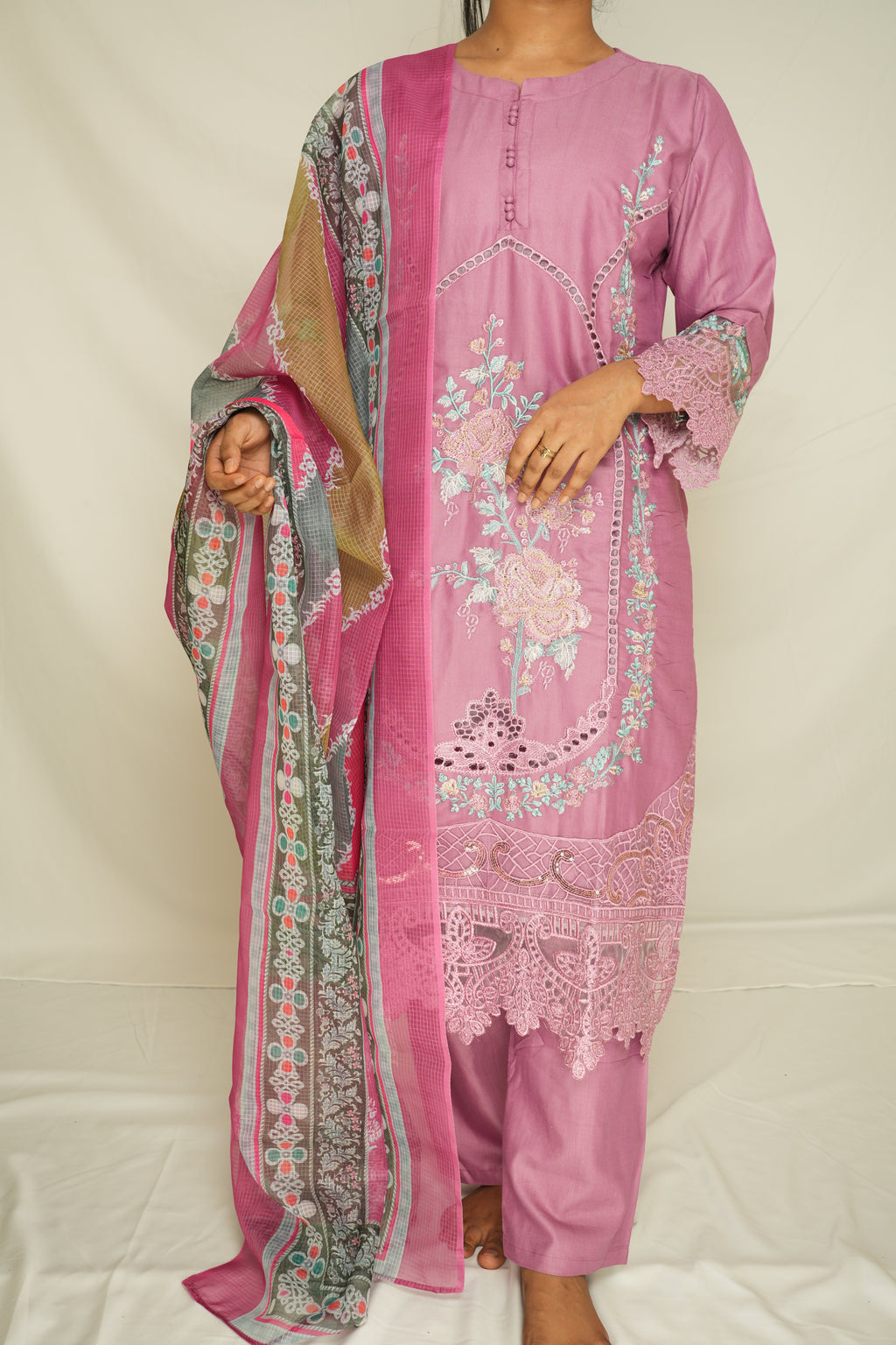 Regal Mauve Embroidered Lawn Suit with Printed Dupatta