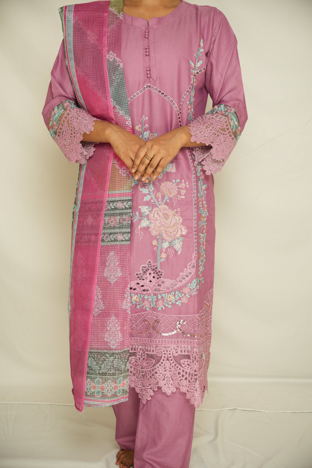 Regal Mauve Embroidered Lawn Suit with Printed Dupatta