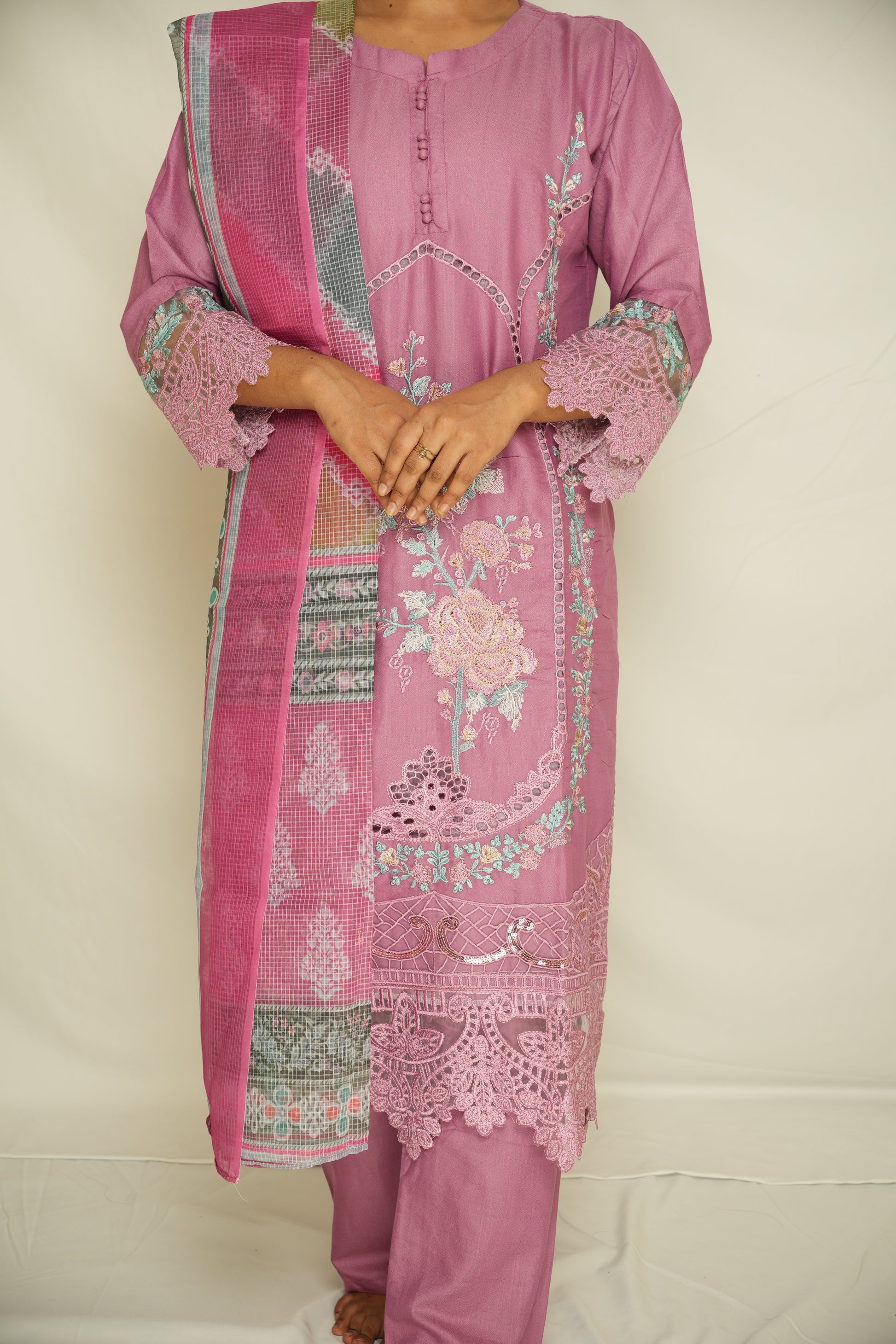 Regal Mauve Embroidered Lawn Suit with Printed Dupatta