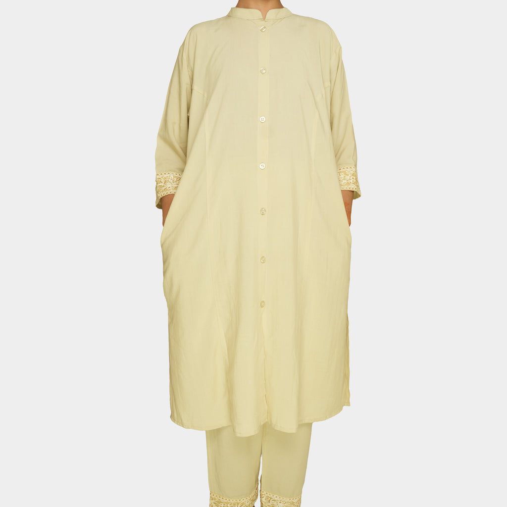 Soft Cream Premium Two Piece – Buttoned Kurti with Lace Pants