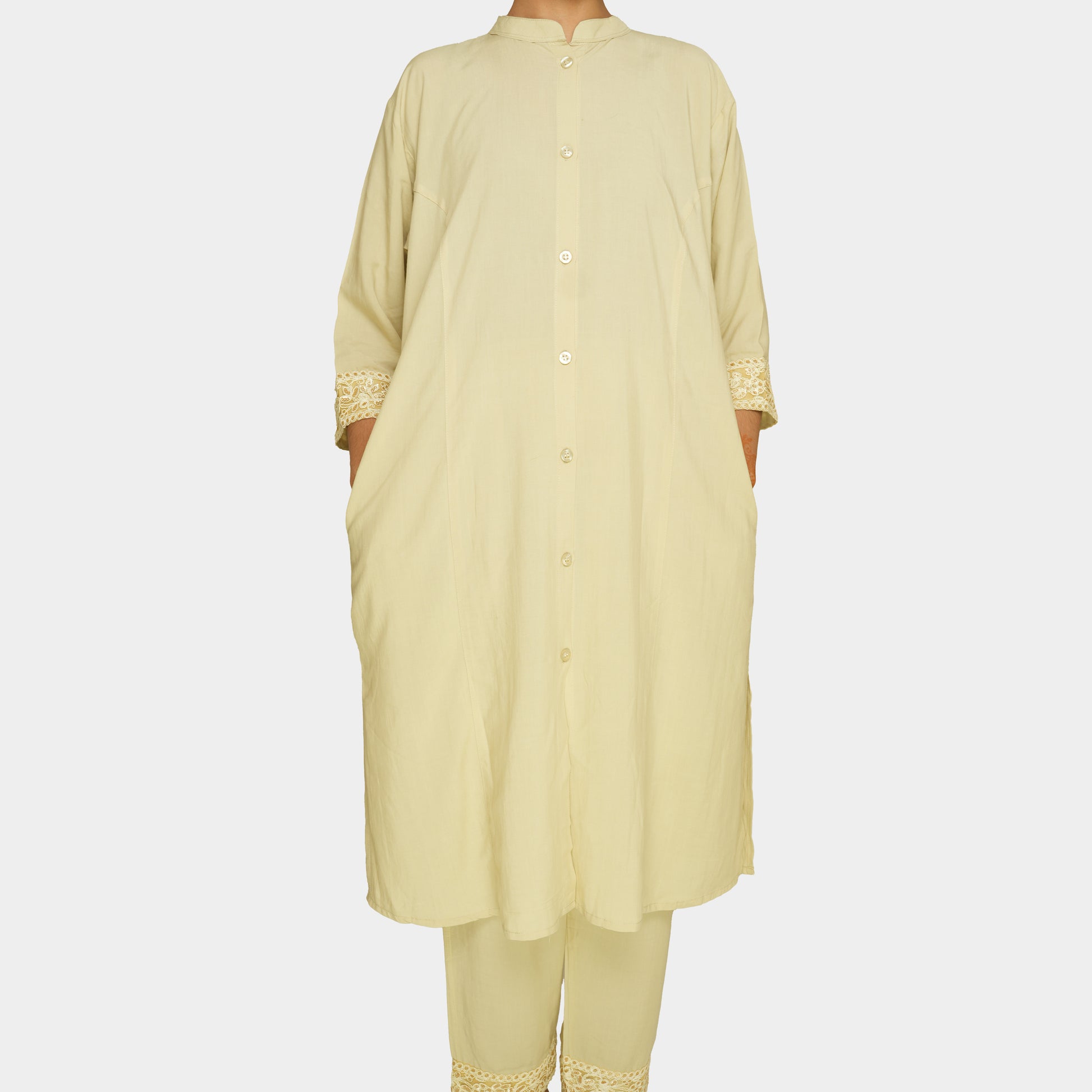 Soft Cream Premium Two Piece – Buttoned Kurti with Lace Pants