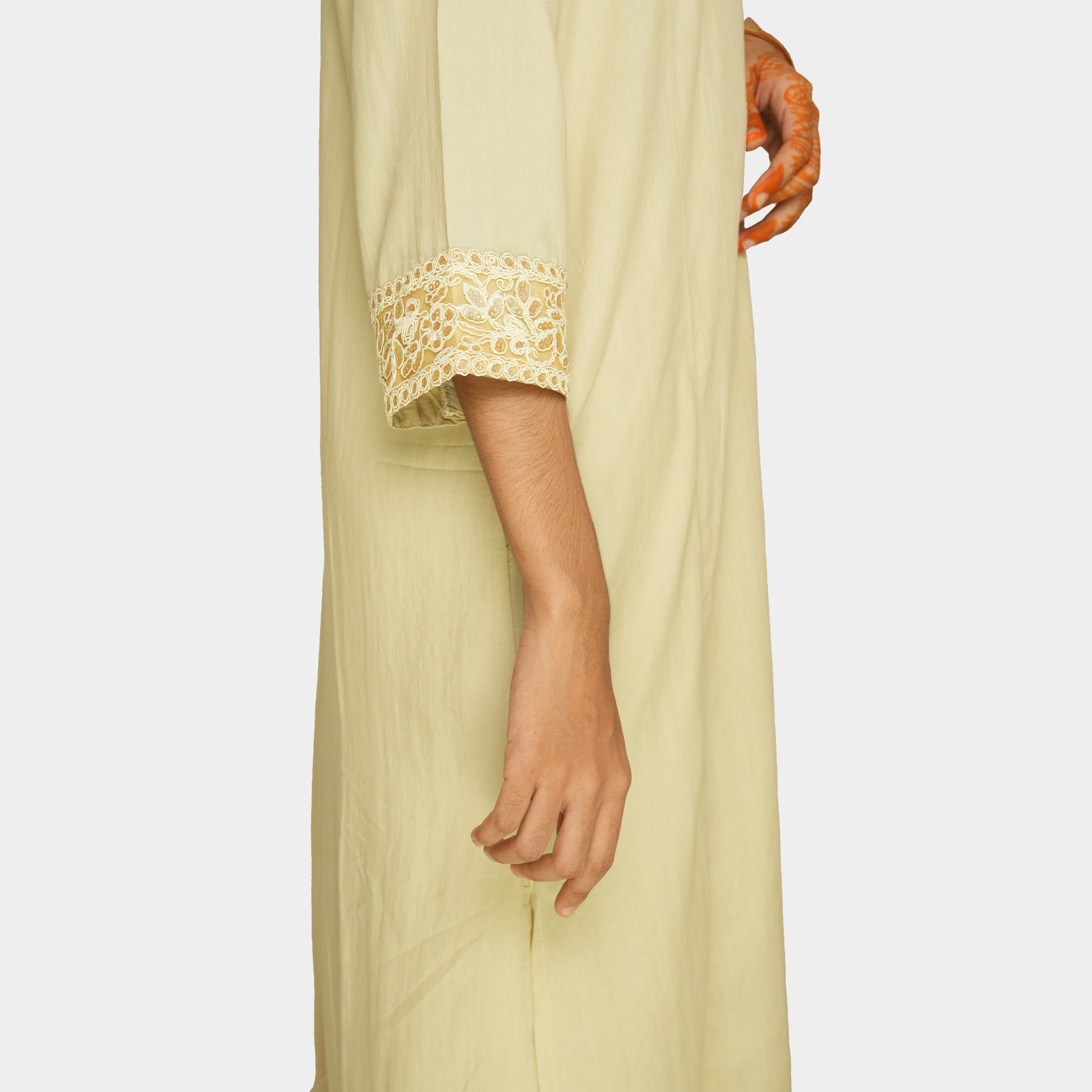 Soft Cream Premium Two Piece – Buttoned Kurti with Lace Pants