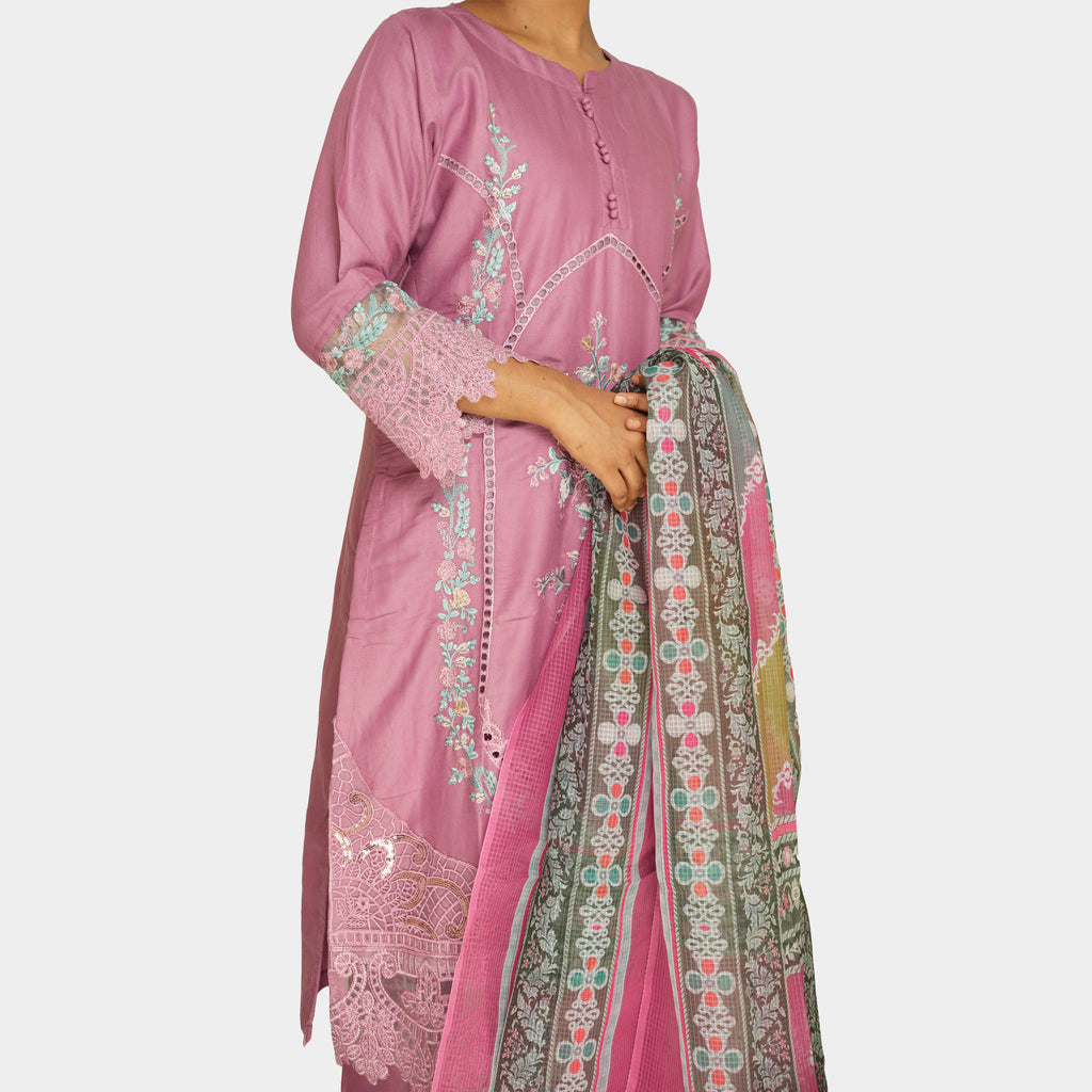 Regal Mauve Embroidered Lawn Suit with Printed Dupatta
