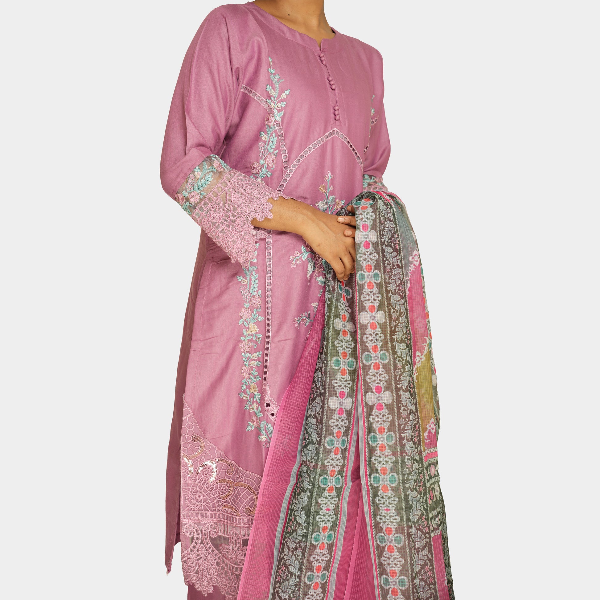 Regal Mauve Embroidered Lawn Suit with Printed Dupatta