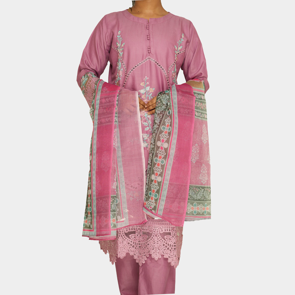Regal Mauve Embroidered Lawn Suit with Printed Dupatta