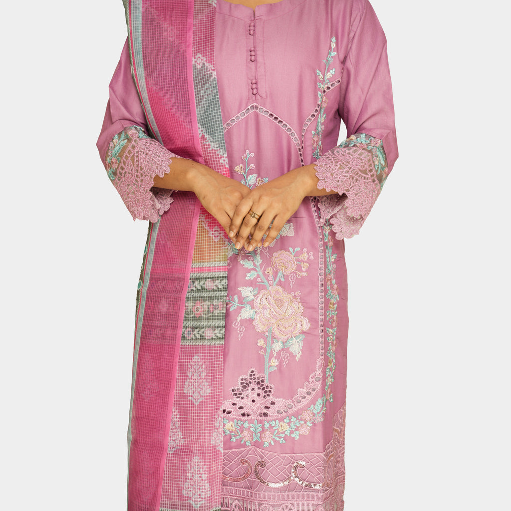 Regal Mauve Embroidered Lawn Suit with Printed Dupatta
