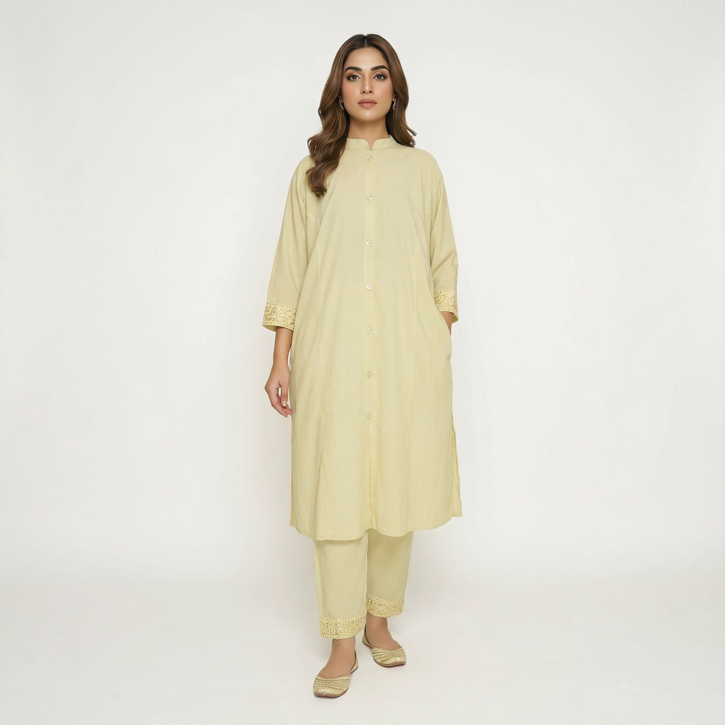 Soft Cream Premium Two Piece – Buttoned Kurti with Lace Pants