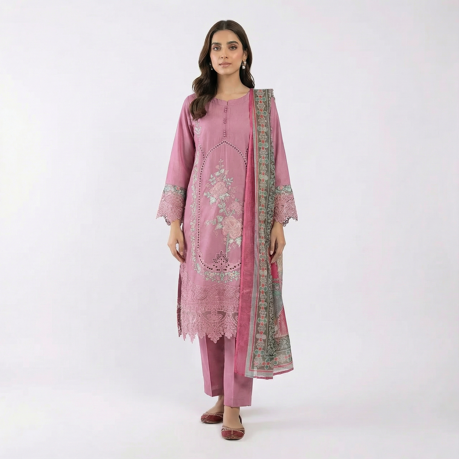 Regal Mauve Embroidered Lawn Suit with Printed Dupatta