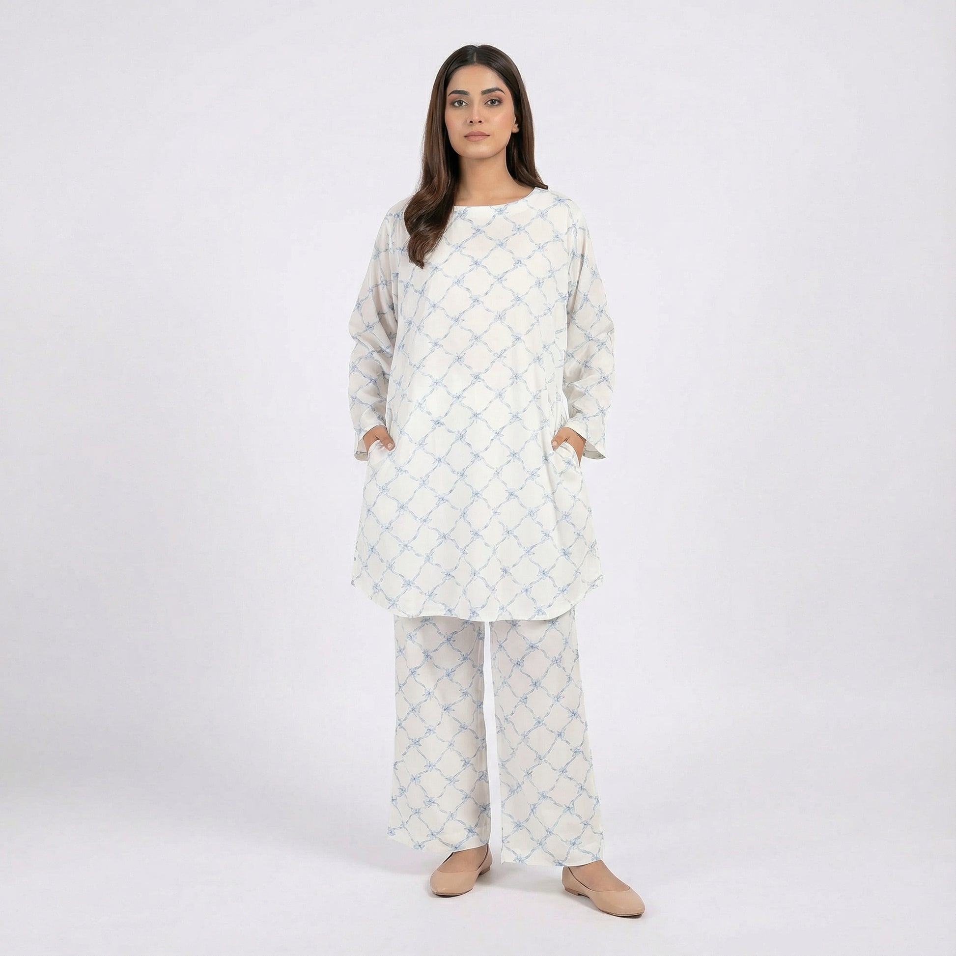 Soft Blue Chain-Print Two-Piece Set – Premium Rayon Fabric